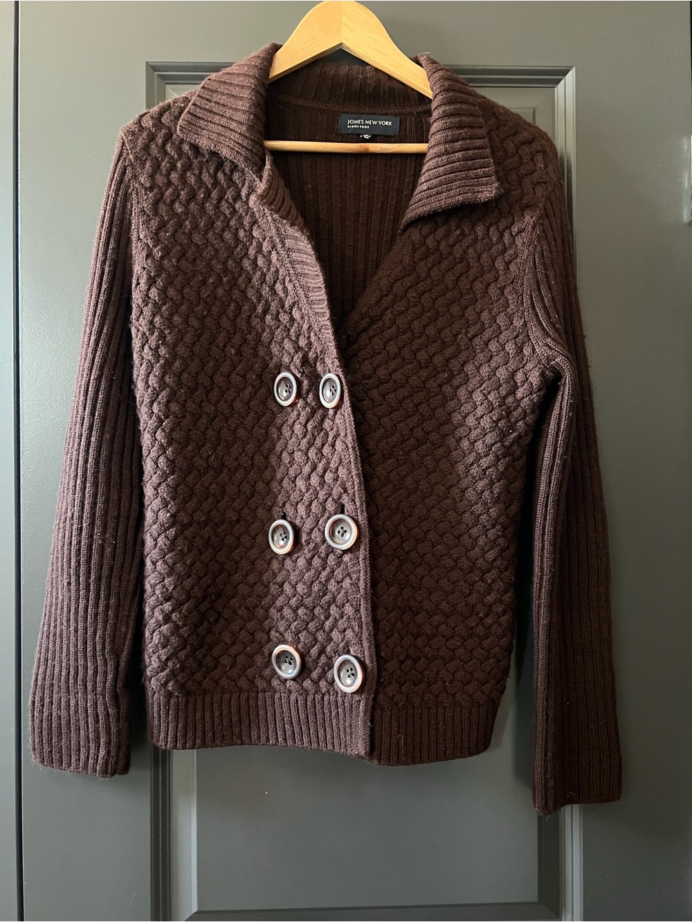JONES NEW YORK Women's Brown Textured Double Breasted Cardigan Sweater szL